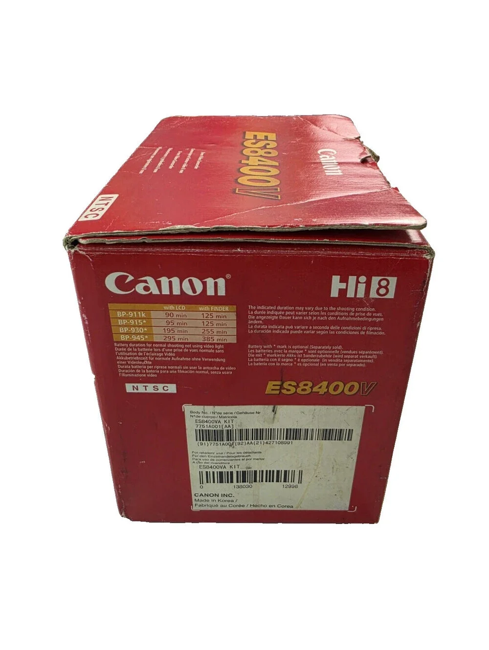 Canon ES8400V Hi8 8mm Video Camcorder 22x Zoom Lot With Cords Battery Box